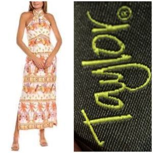 TAYLOR - NWT - L Sz 10 Orange & White Tropical Pineapple Halter Maxi. ADORABLE!